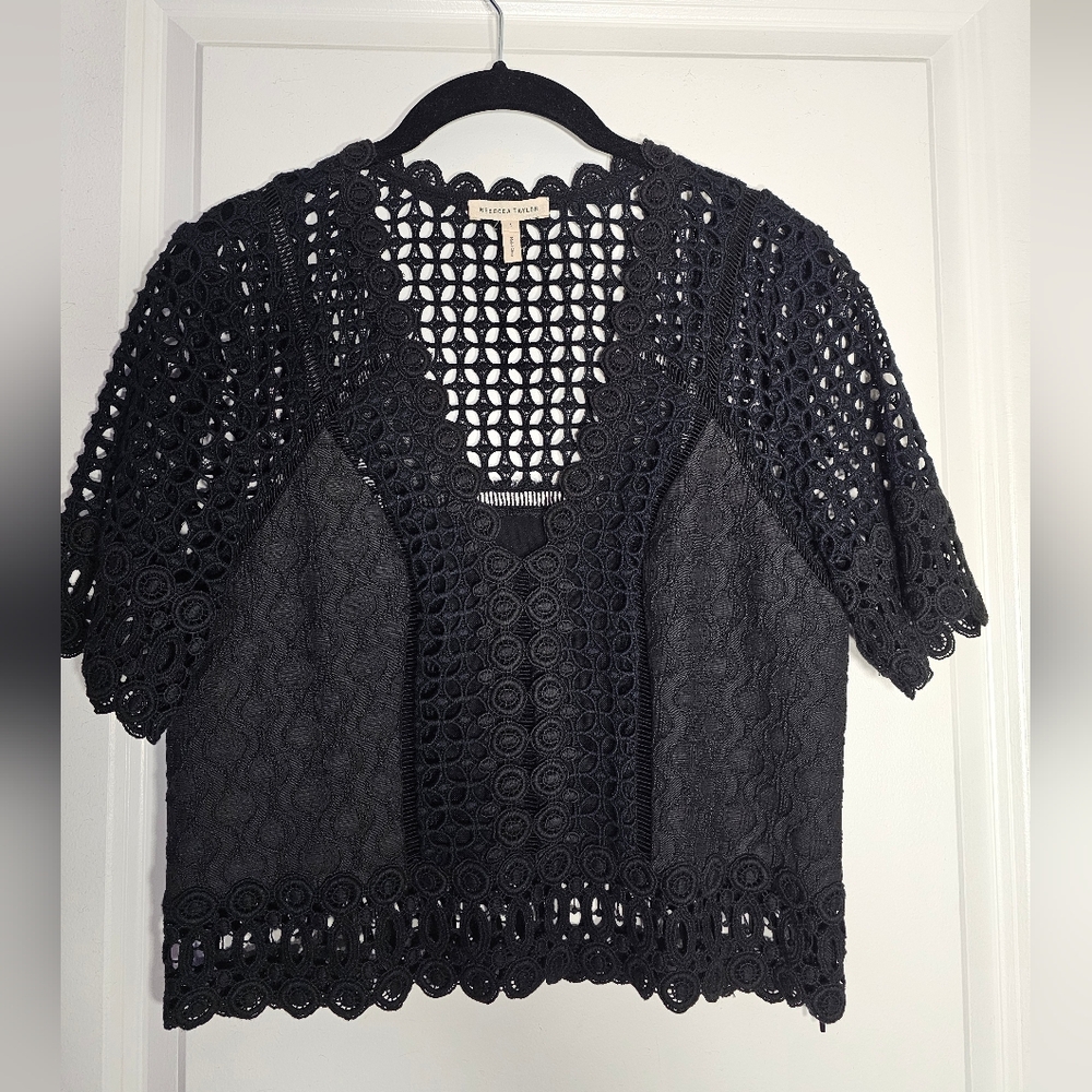 Rebecca Taylor Embroidered Short Sleeve Black Top